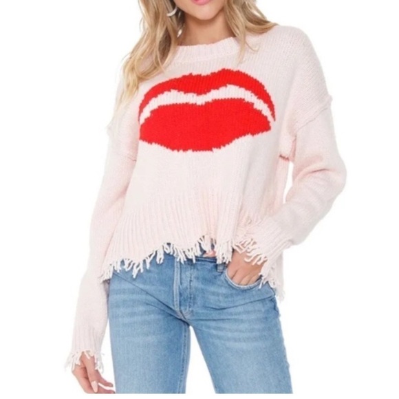 Wildfox NWT First Kiss Luna Knit Pink Red Lips Distressed Hem Cuffs Sweater M - Picture 6 of 14